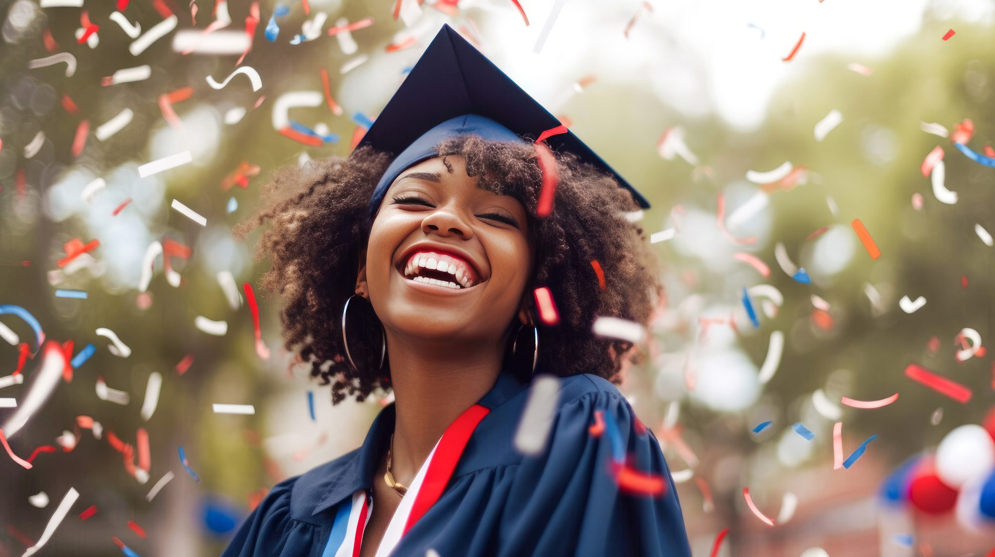 Contact Us happy woman wearing cap and gown with streamers falling around her.
university Dubuque online. contact us.